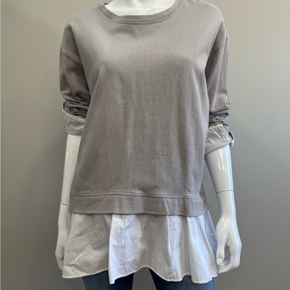 ERI + ALI Women's Gray and White Fleece Top Extended Hem Size M Cuffs